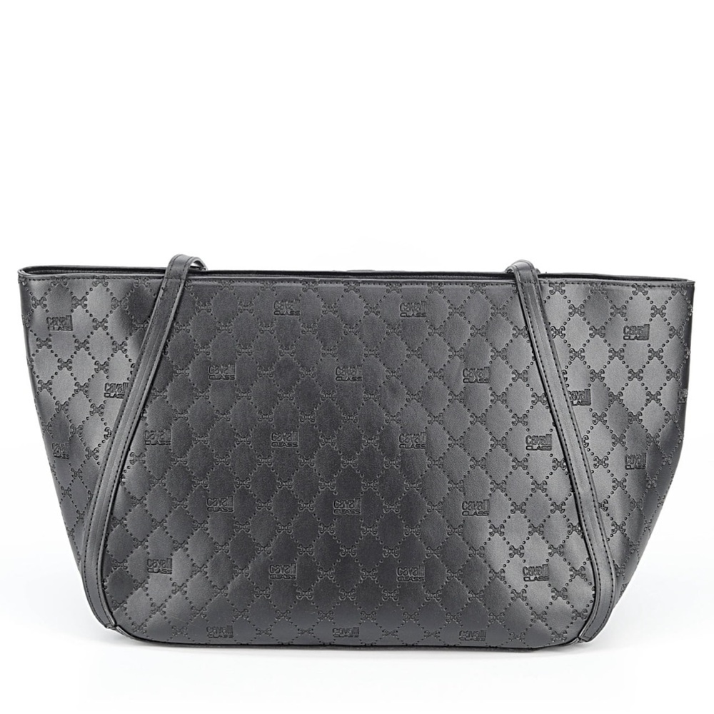 NWT Cavalli Class Huge Black Quilted Logo Tote Vegan Leather - Picture 3 of 4